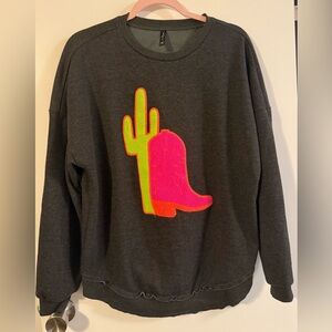 Gray Sweatshirt with Neon Cactus and Boot Design
